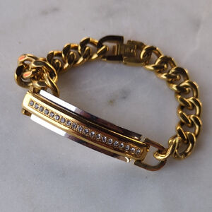 Gold Plated Curb Chain ID Plate Diamond Bracelet